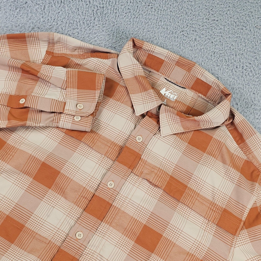 REI Co-op Shirt Mens Large Orange Plaid Long Sleeve Button Up Hiking Casual